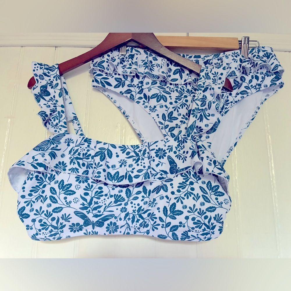 *3 for $20* Cider Bikini Set, Teal/White, Ruffle Accents, Adjustable Top, 1X